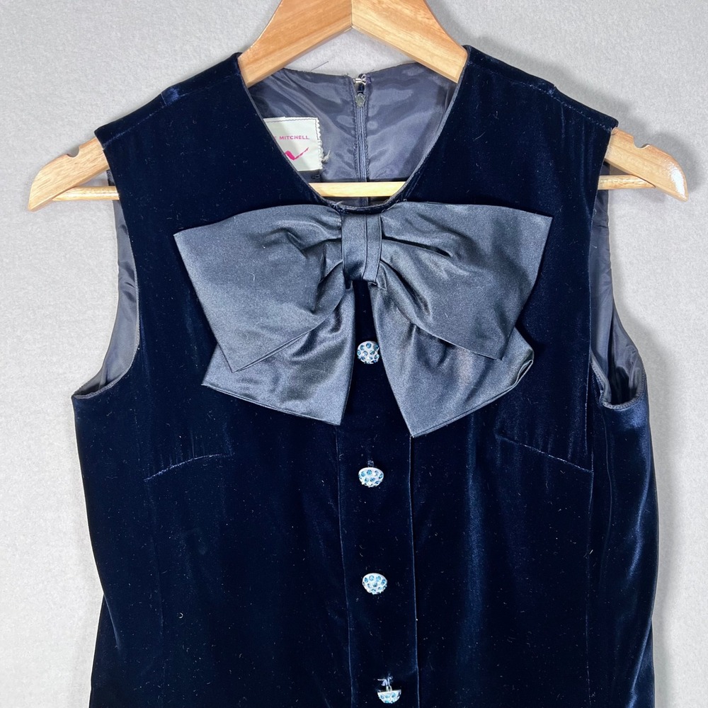 Vintage 60s Navy Velvet Mod Era Cocktail Dress Old Hollywood Statement Bow 12